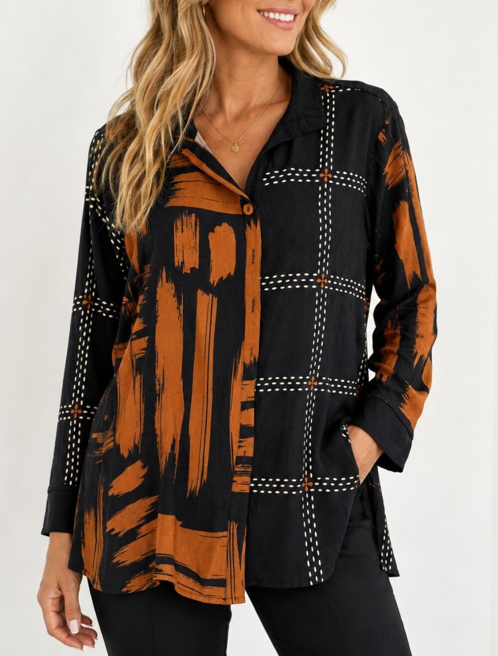 Ali Miles Womens Button Down Shirt 1X Black Orange Abstract Print